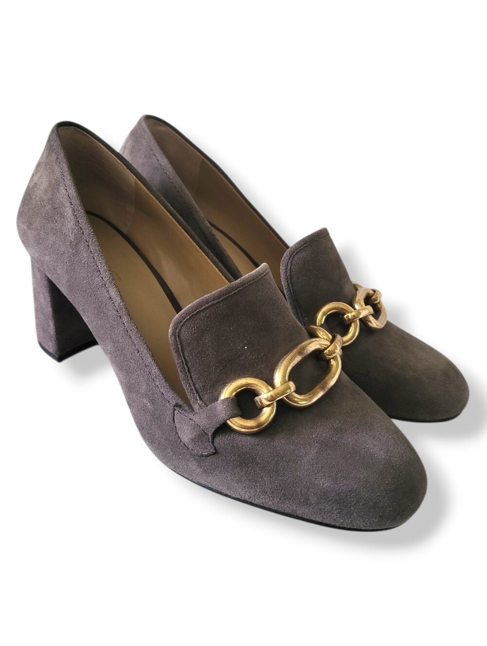 ANN TAYLOR Cordelia Gray Suede Chain Accent Block Heel Loafer Pumps